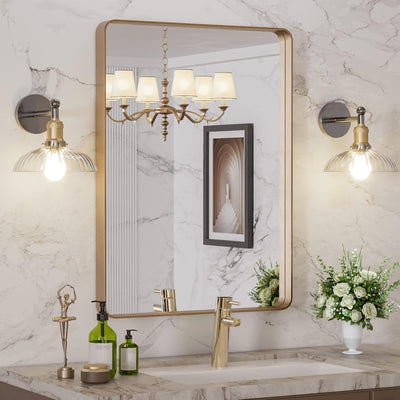Miroir de salle de bain mural doré Sumerain, cadre doré arrondi rectangulaire, miroir de meuble-lavabo anti-rouille, se suspend horizontalement ou verticalement