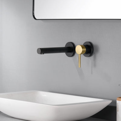 SUMERAIN Wall Mounted Bathroom Sink Faucet Black and Gold Finish, Lavatory Faucet with Single Handle and Rough in Valve