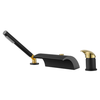 SUMERAIN Robinet de baignoire romaine cascade, robinet de baignoire à montage sur pont, remplissage de baignoire en laiton avec douchette à main, finition noire et dorée