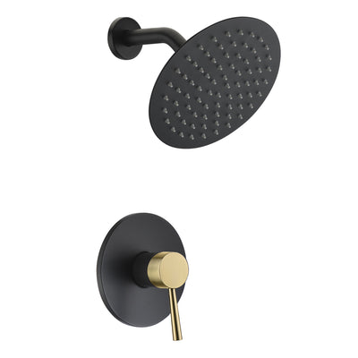 SUMERAIN Ensemble de robinets de douche à fonction unique noir et or, pomme de douche à effet de pluie en acier inoxydable de 8 pouces à poignée unique avec kit de garniture de douche à valve brute