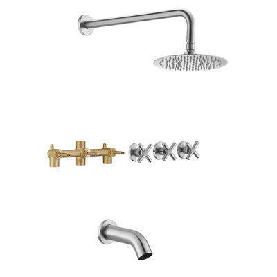 Ensemble de robinet de baignoire et de douche à trois poignées en nickel brossé avec valve et bec de baignoire cascade