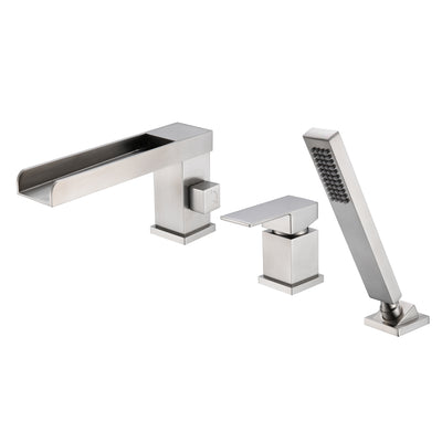 Robinet de baignoire romaine à 3 trous avec pulvérisateur, remplissage de baignoire cascade en nickel brossé
