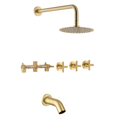 Ensemble de robinet de baignoire et de douche à 3 poignées en or brossé avec bec de baignoire cascade