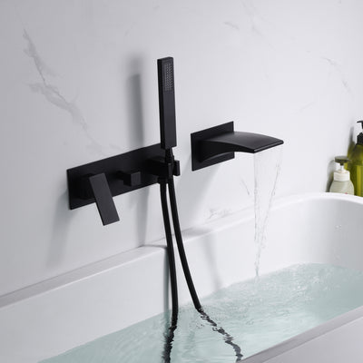 sumerain Black Wall Mount Tub Faucet, Waterfall Bathtub Faucet with Hand Shower Left-handed Faucet