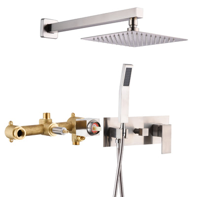 Système de douche à effet de pluie Sumerain, avec douchette à main et valve brute à pression équilibrée, nickel brossé