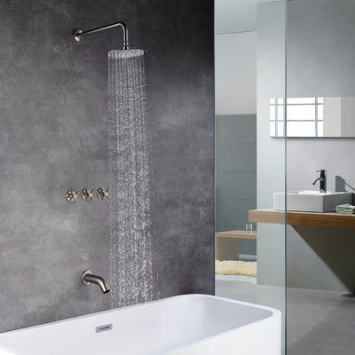 Triple Handle Brushed Nickel Tub and Shower Faucet Set with Valve and Waterfall Tub Spout