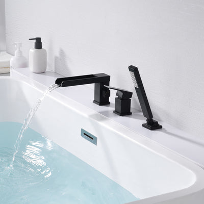 SUMERAIN 3 Hole Black Waterfall Roman Tub Faucet, Deck Mount Tub Filler with Hand Shower