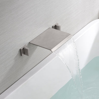 Robinet de baignoire mural cascade à deux poignées, nickel brossé avec valve
