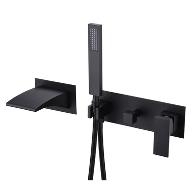 Robinets de baignoire muraux noir mat, bec de remplissage de baignoire cascade avec douchette à main
