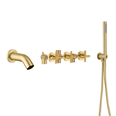 Robinet de baignoire mural cascade en or brossé avec douchette à main et valve brute