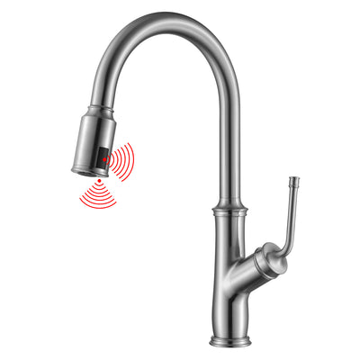 Robinet de cuisine sans contact avec pulvérisateur extractible, finition nickel brossé