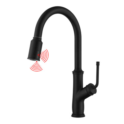 Robinet de cuisine sans contact noir avec pulvérisateur extractible, deux capteurs activés par le mouvement