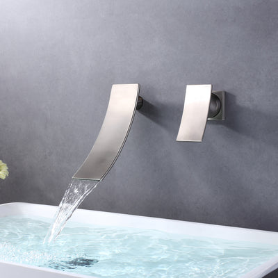 Robinet mural en nickel brossé, robinet de lavabo de salle de bain à poignée unique avec bec cascade