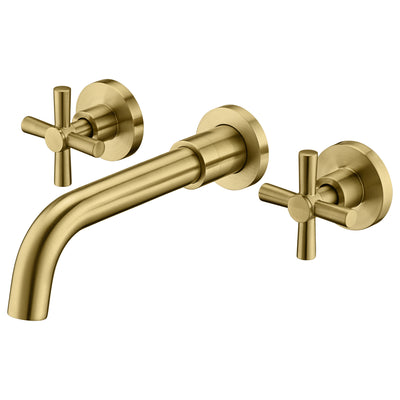 Robinet de salle de bain mural en or brossé, deux poignées croisées et valve brute incluses