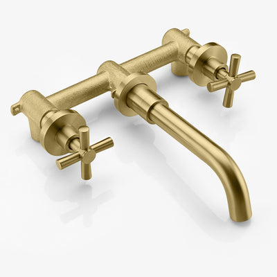 Robinet de salle de bain mural en or brossé, deux poignées croisées et valve brute incluses