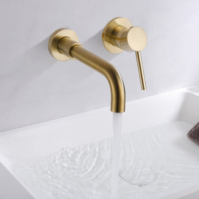 Robinet de salle de bain mural à poignée unique, or brossé avec valve brute en laiton
