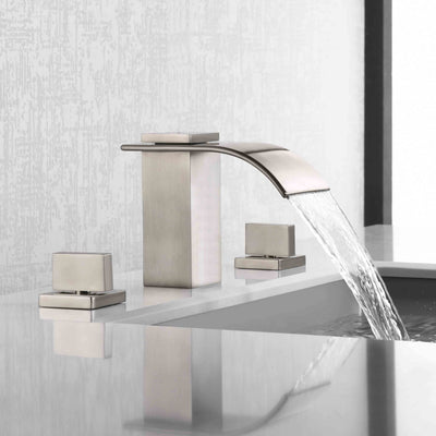 Robinet de salle de bain à large cascade en nickel brossé, robinet de vanité à 3 trous de 8 pouces