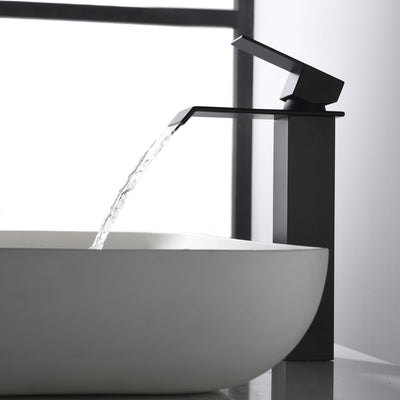 Robinet de salle de bains noir mat cascade à poignée unique, robinet de lavabo de conception moderne à trou unique