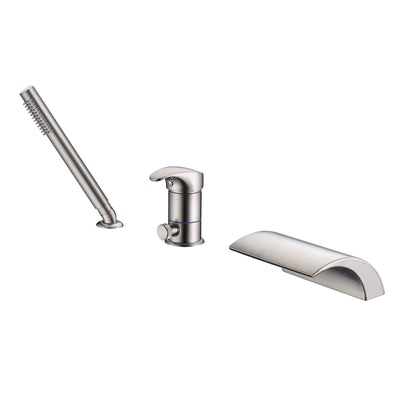 Robinet de baignoire romaine à montage sur pont à 3 trous simple Hanle avec douchette à main, nickel brossé