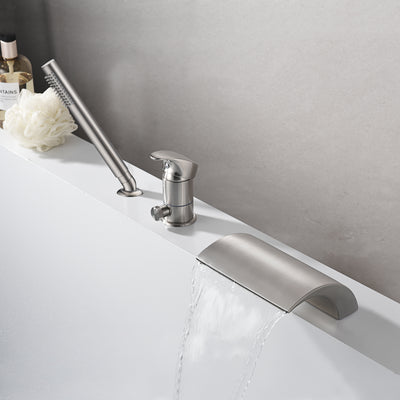 Robinet de baignoire romaine à montage sur pont à 3 trous simple Hanle avec douchette à main, nickel brossé
