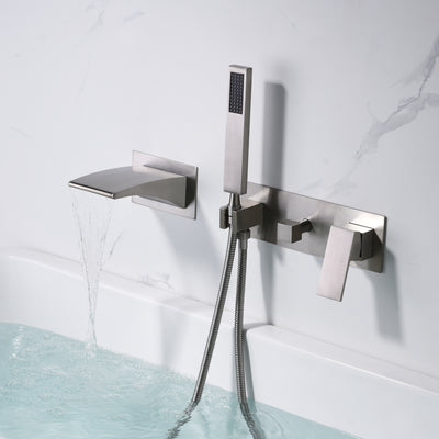 Robinet de baignoire mural en nickel brossé avec bec de baignoire cascade et douche à main