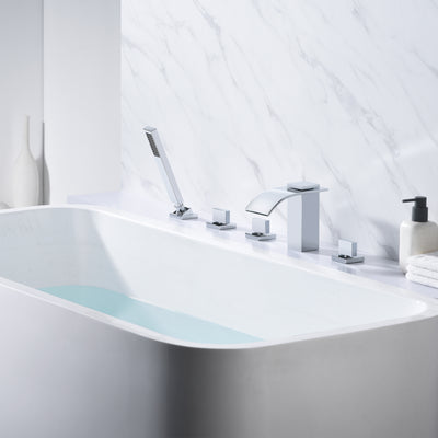 Waterfall Deck Mounted Roman Tub Faucet with Handheld Sprayer, Chrome Finish