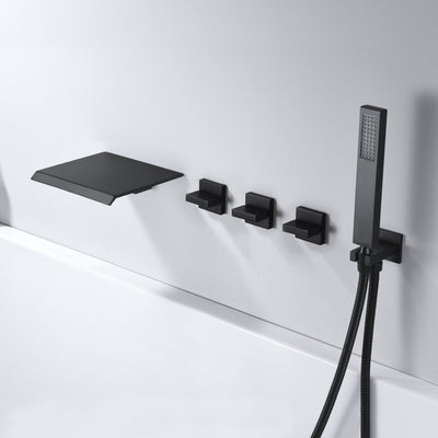 High Flow Wall Mount Waterfall Tub Faucet with Hand Shower Matte Black Bathtub Faucet