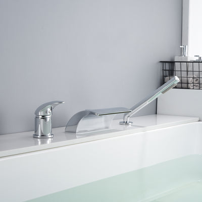 Single Handle Deck Mounted Waterfall Roman Bathtub Faucet with Handheld Shower, Chrome finish
