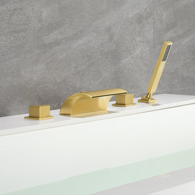 Deck Mount Diverter Tub Faucet,High Flow Waterfall Tub Spout with Hand Shower Brushed Gold Finish