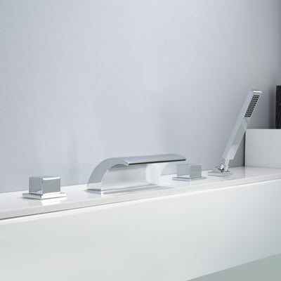 Double Handle High Flow Waterfall Roman Tub Faucet with Diverter and Hand Shower, Chrome Finish
