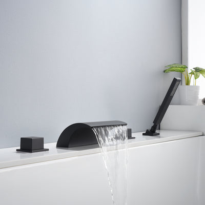4 Hole Two Handle Deck Mounted Waterfall Black Roman Tub Faucet  with Diverter and Hand Shower