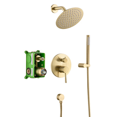 Système de douche en laiton brossé avec pomme de douche à effet pluie haute pression, valve brute incluse