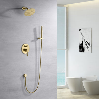 Système de douche en laiton brossé avec pomme de douche à effet pluie haute pression, valve brute incluse