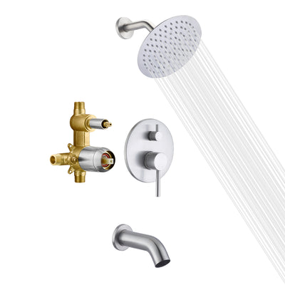 Garniture de robinet de baignoire et de douche Sumerain avec valve brute, robinet de douche en nickel brossé avec bec de baignoire, pomme de douche à effet pluie de 8 pouces