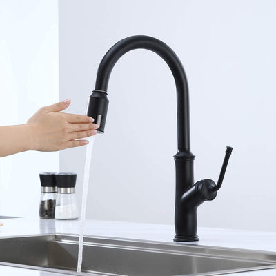 Robinet de cuisine sans contact noir avec pulvérisateur extractible, deux capteurs activés par le mouvement
