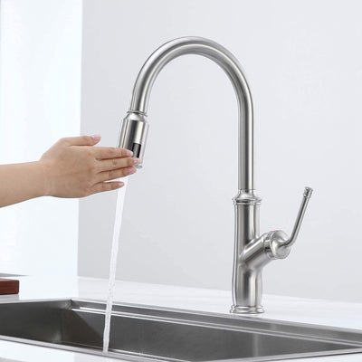 Robinet de cuisine sans contact avec pulvérisateur extractible, finition nickel brossé