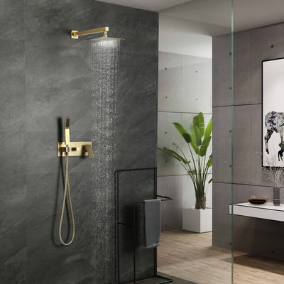 Système de douche à effet de pluie en or brossé, avec douchette à main et mitigeur de douche à équilibrage de pression